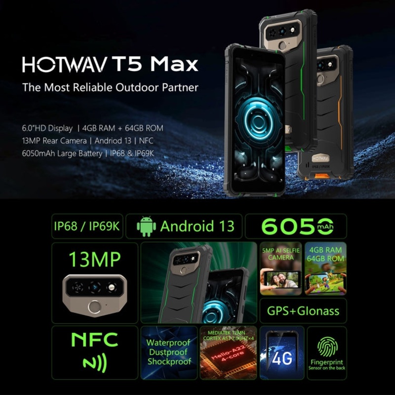 HOTWAV T5 Max Rugged Phone Dual SIM 4GB+64GB Black