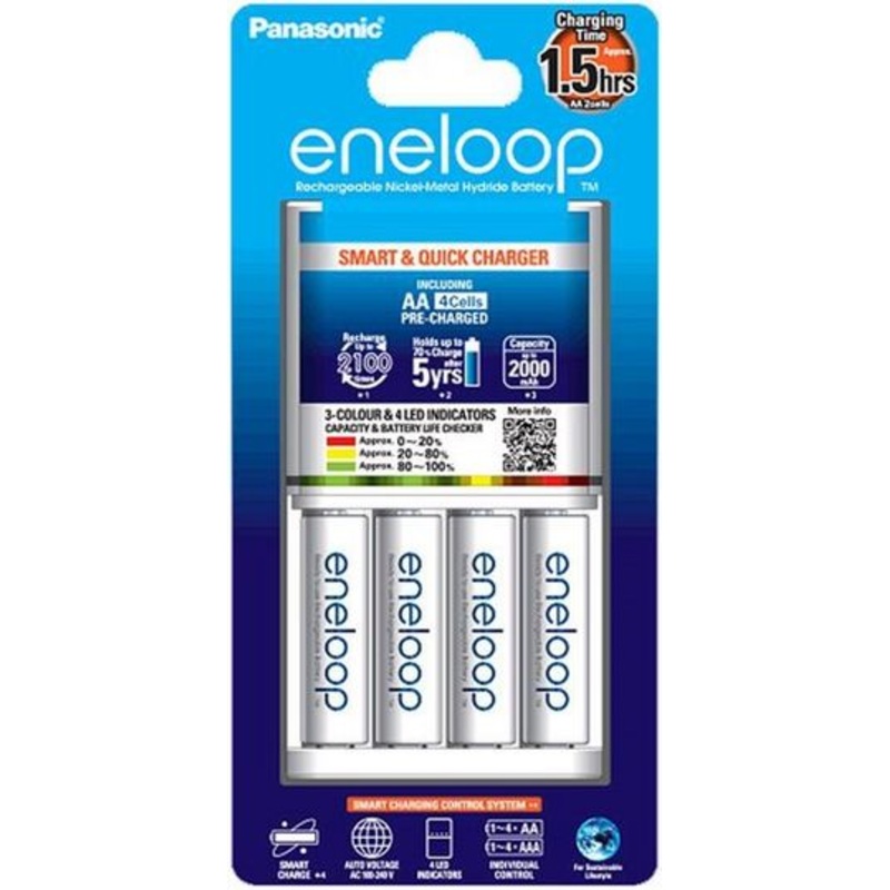 Panasonic Eneloop K-KJ55MC40T2 Smart & Quick charger with 3-color LED with eneloop AA Battery Set of 4 (White)