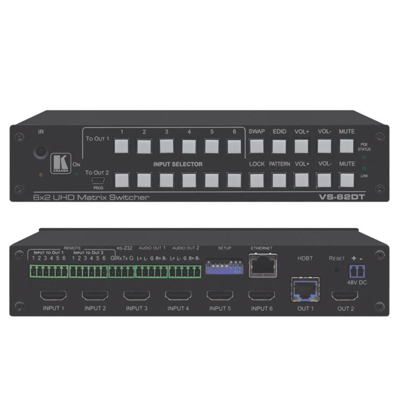 Kramer Electronics VS-62DT 6×2 4K60 4:2:0 HDMI/HDBaseT Long-Reach PoE Matrix Switcher