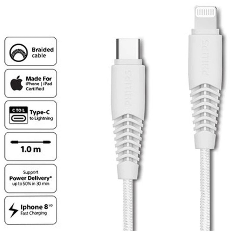 Philips DLC5541V Premium Braided MFI Cables Type C to Lightning