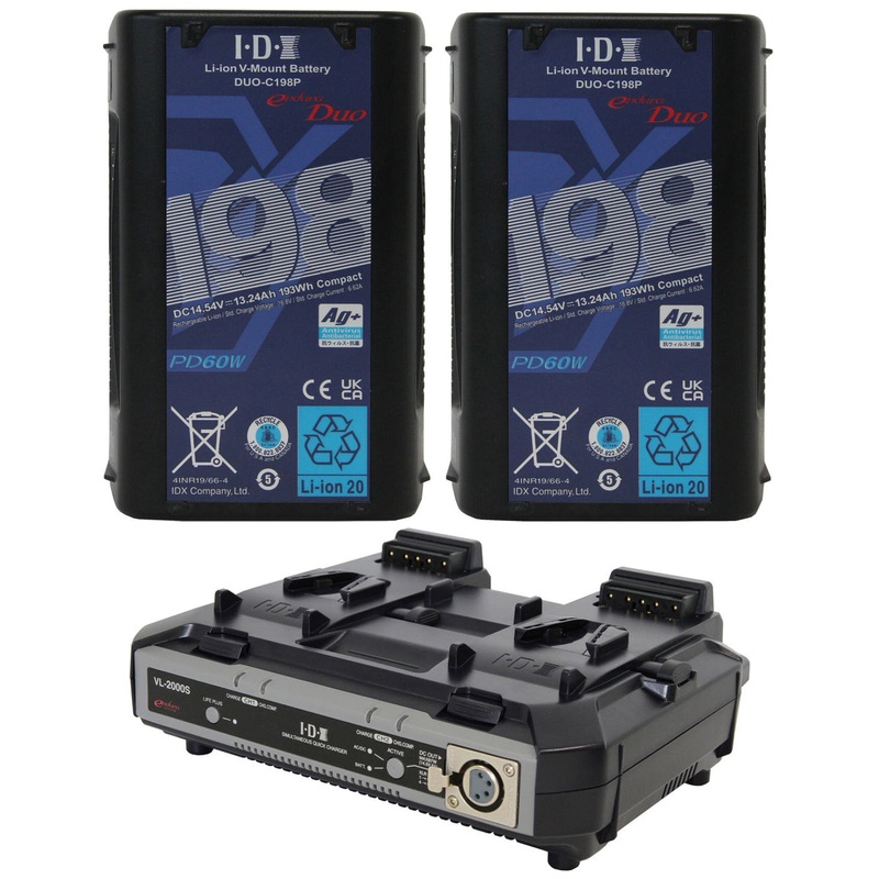 IDX 2 x DUO-C198P Batteries 1 x VL-2000S Simultaneous Charger with 4 pin XLR DC Output (100W) – ED-CP198/2000S