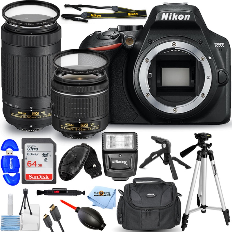 Nikon D3500 DSLR Camera with 18-55mm + 70-300mm VR Lenses – 14PC Accessory Kit