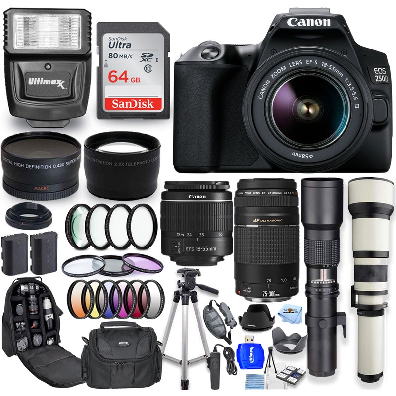 Canon EOS 250D/Rebel SL3 18-55mm + 75-300mm + 500mm + 650-1300mm 64GB Bundle