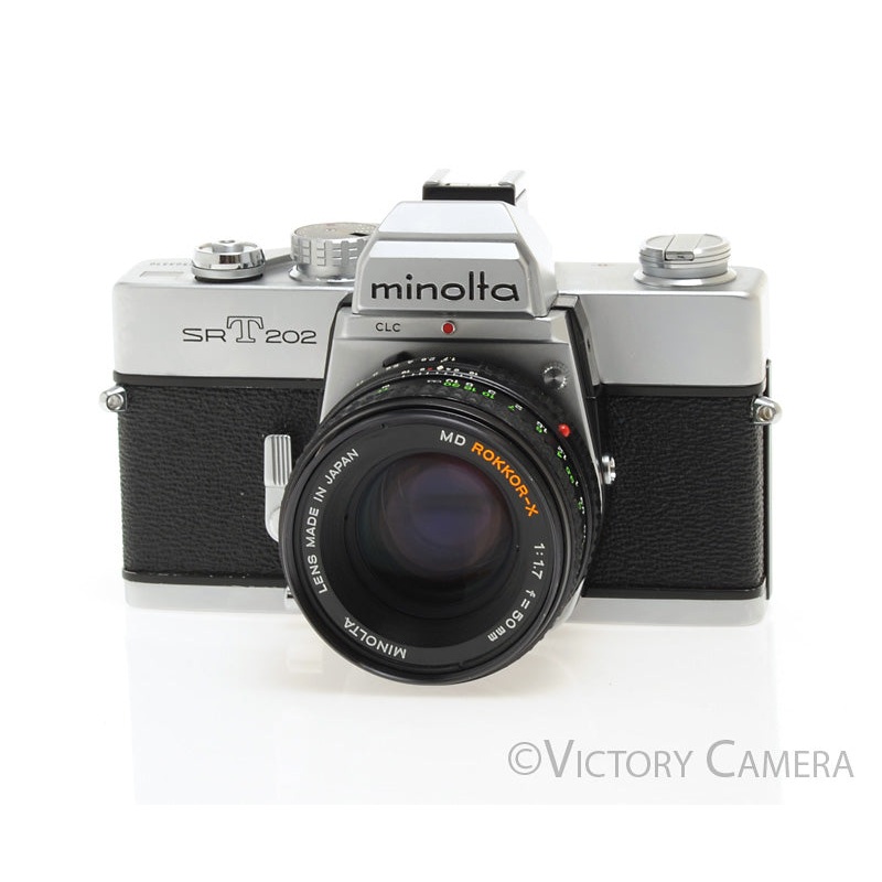 Minolta SRT 202 Chrome 35mm Camera w/ 50mm f1.7 Lens -New Seals-  [EXC+]