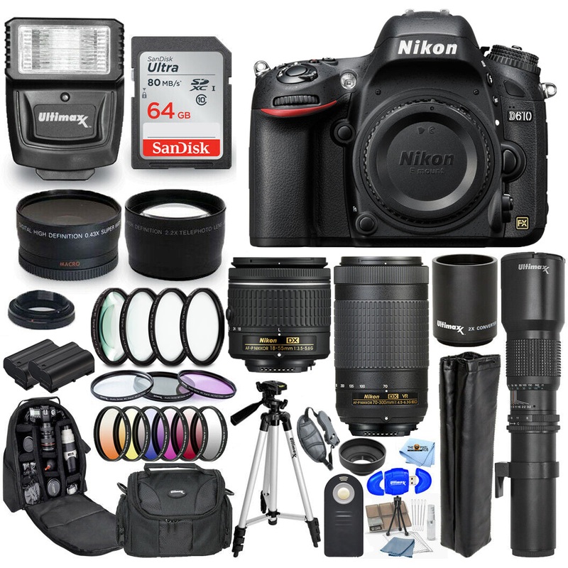 Nikon D610 Camera with 18-55mm + 70-300mm + 500mm Lenses – 30PC Accessory Bundle