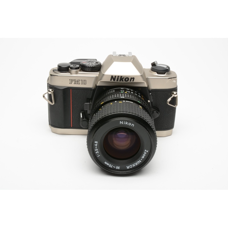 Nikon FM-10 35mm SLR w/35-70mm f3.5-4.8 zoom lens, cap+strap+case, Clean!