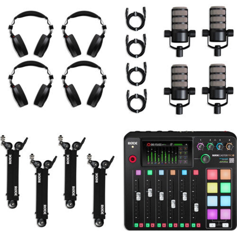 RODE RODECaster Pro II 4-Person Podcasting Kit with PodMics,Studio Boom Arms,Headphones,and Cables