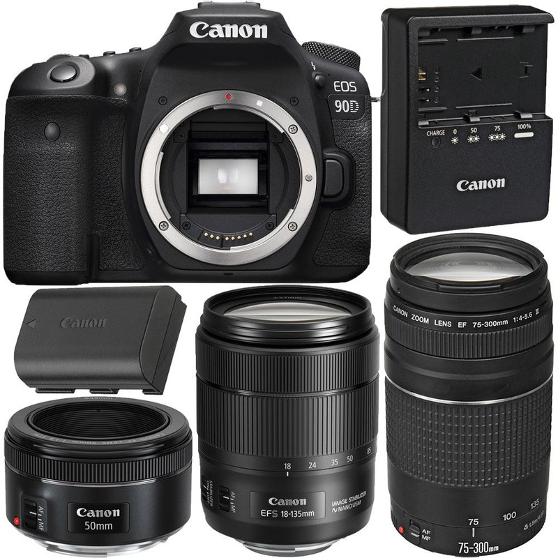 Canon EOS 90D DSLR with 18-135mm + 75-300mm + 50mm Lenses – Top Value Bundle