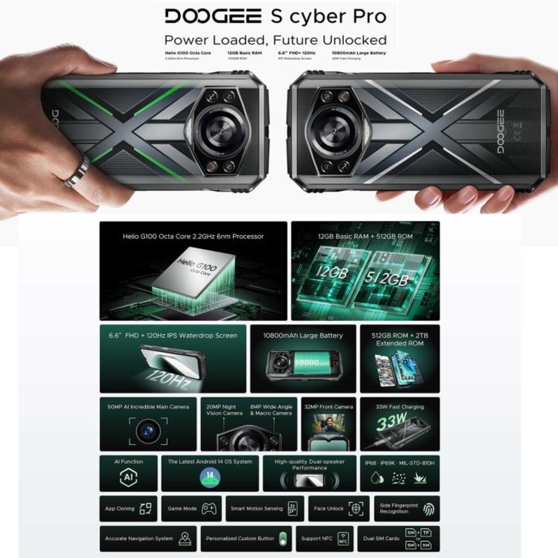 DOOGEE S Cyber Pro Rugged Phone 12GB+512GB Black Green