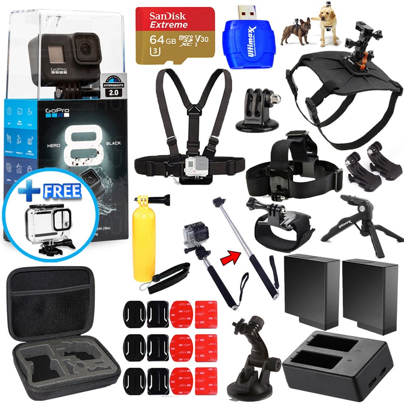 GoPro HERO8 HERO 8 Black – All In 1 MEGA ACCESSORY KIT + EXT BATT + 64GB Bundle