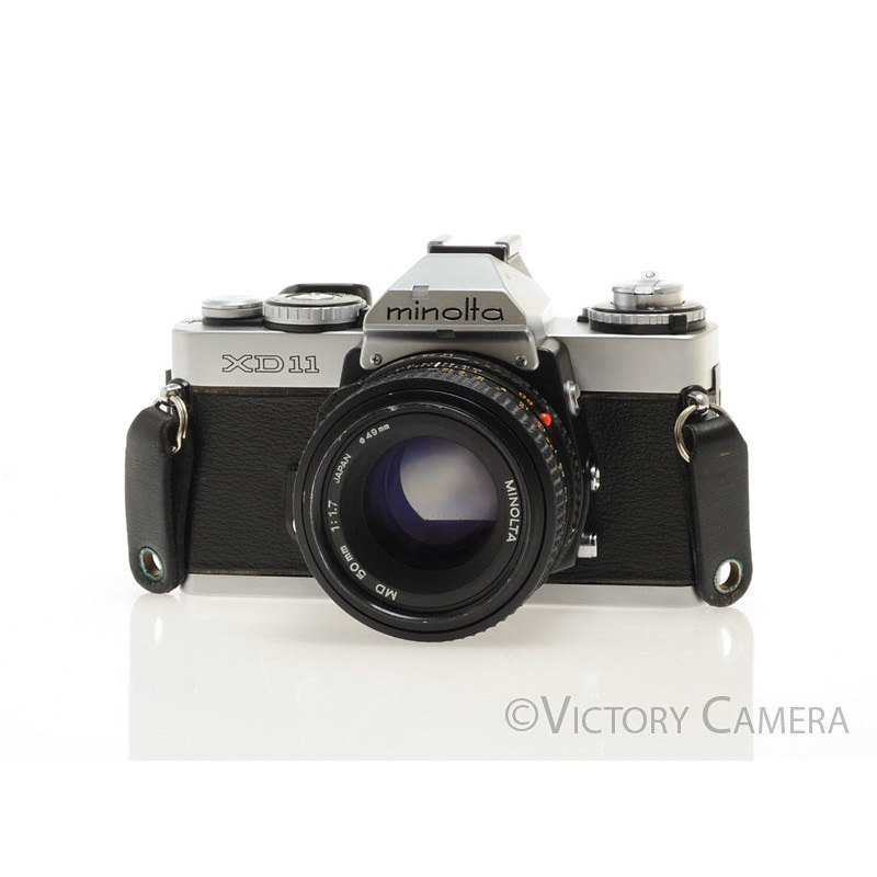 Minolta XD11 XD-11 Chrome 35mm Camera w/ 50mm f1.7 Lens -New Seals- [EXC]