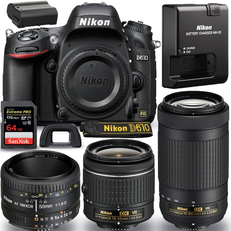 Nikon D610 DSLR Camera + 18-55mm + 70-300mm + 50mm – 3 LENS Accessory Bundle