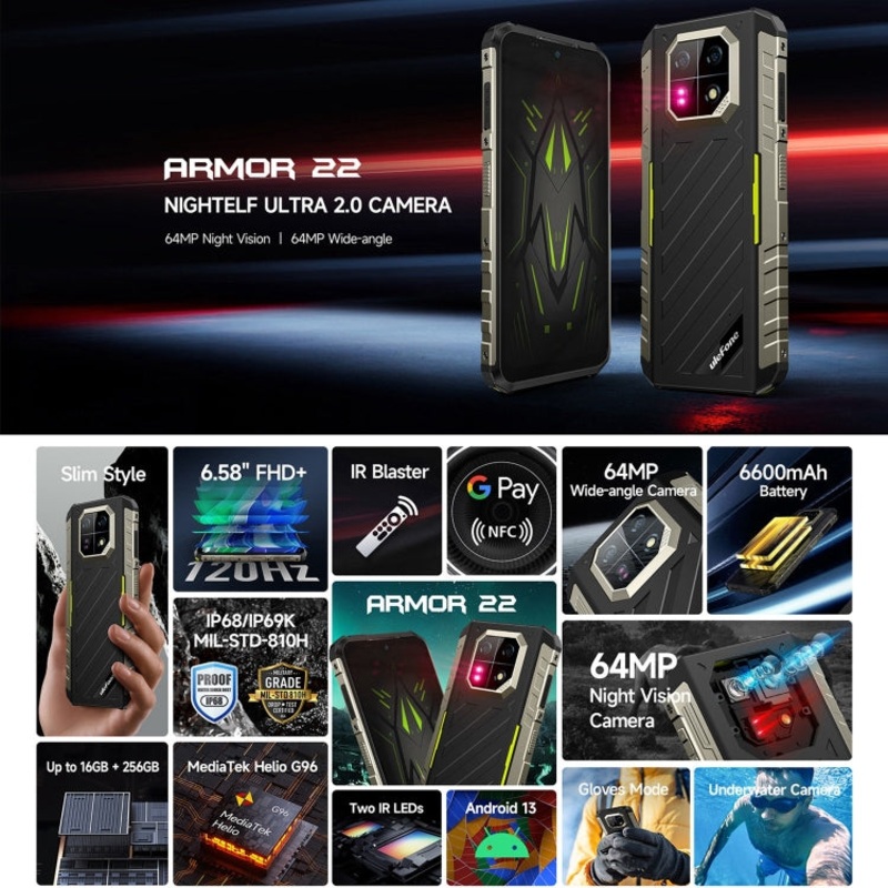 Ulefone Armor 22 Rugged Phone Night Vision Camera 8GB+256GB Green
