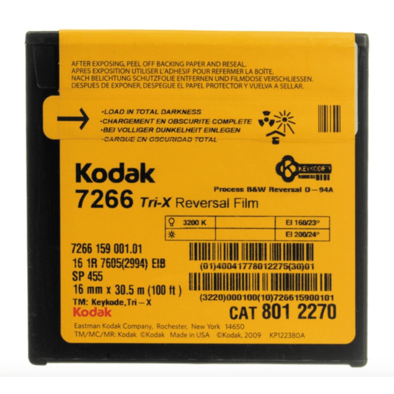 Kodak Tri-X Black-and-White Reversal Film #7266 (16mm, 100′ Roll, Single Perf)