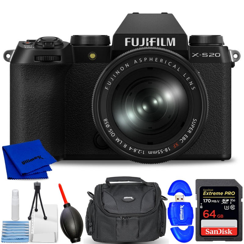 FUJIFILM X-S20 Mirrorless Camera and 18-55mm R LM OIS Lens (Black) – 7PC Kit