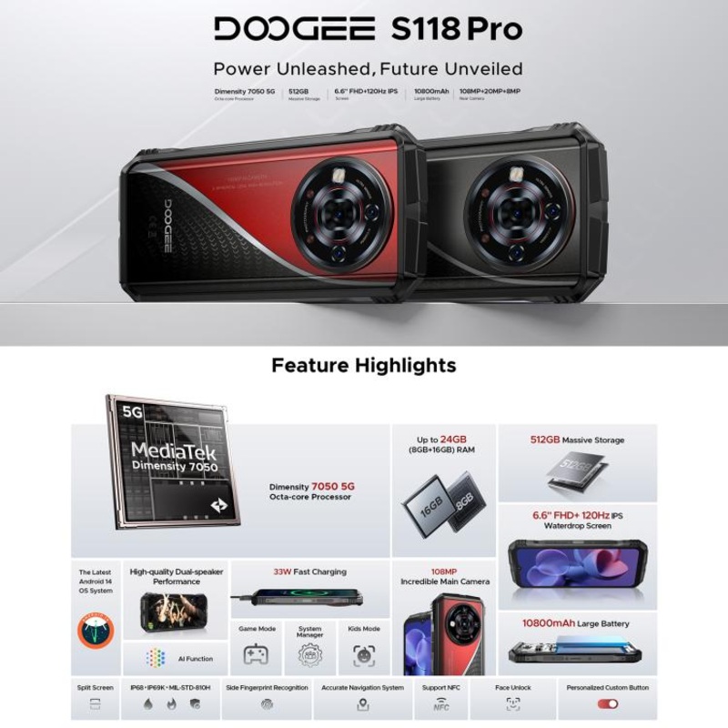 DOOGEE S118 Pro 5G Rugged Phone Night Vision Camera 8GB+512GB Black Red