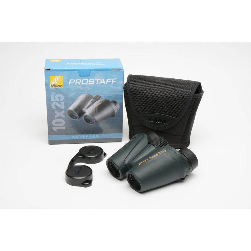 Nikon ProStaff 10×25 compact waterproof binoculars, case, caps, boxed, Mint-
