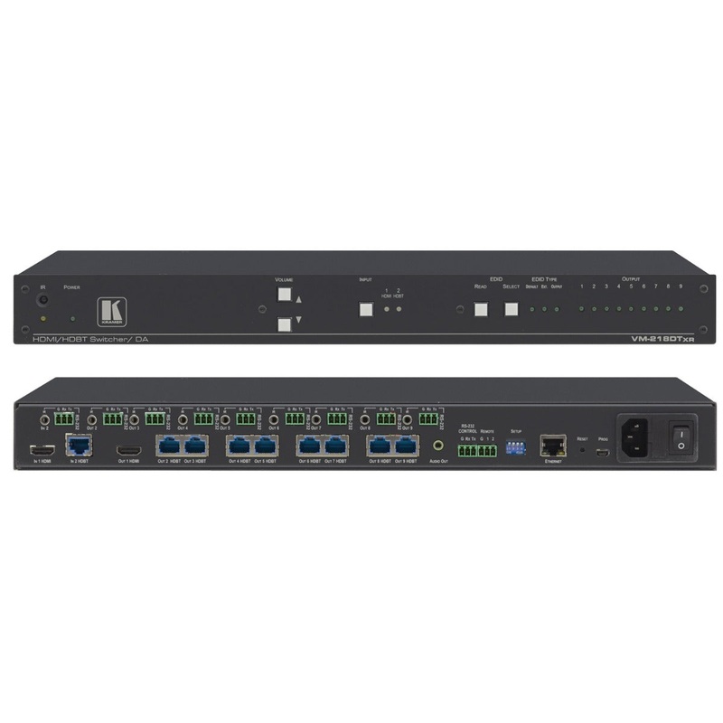 Kramer Electronics VM-218DTxr 2×1:8 4K60 4:2:0 HDMI & Extended-Reach HDBaseT with Ethernet RS-232 IR & Stereo Audio Switchable DA