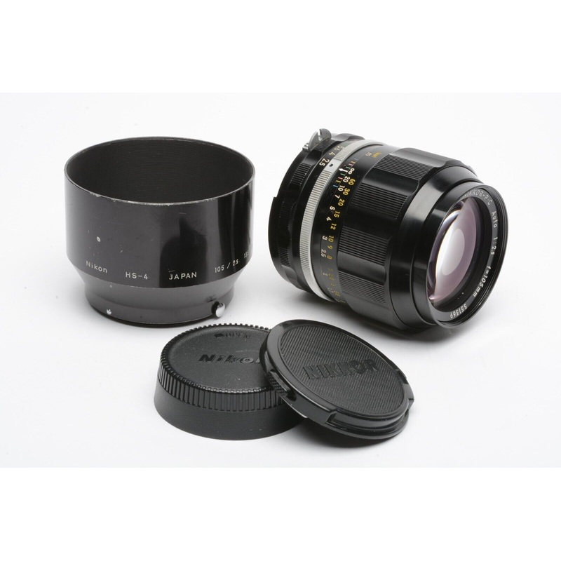 Nikon Nikkor-P.C Non-AI 105mm F2.5 Portrait Lens, Caps, HS-4 Hood