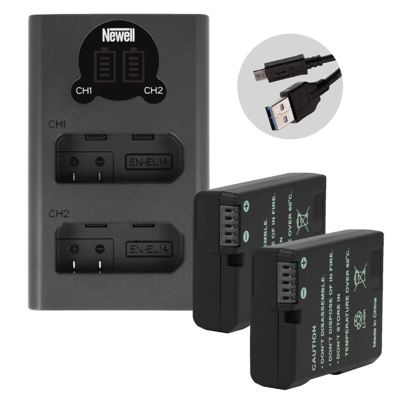 Newell Dual Channel USB-Charger + Batteries for Nikon EN-EL14