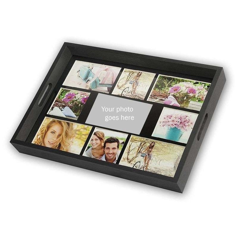 Personalised Black Wooden Photo Tray for 9 Custom Photographs Overall Size 18×14″