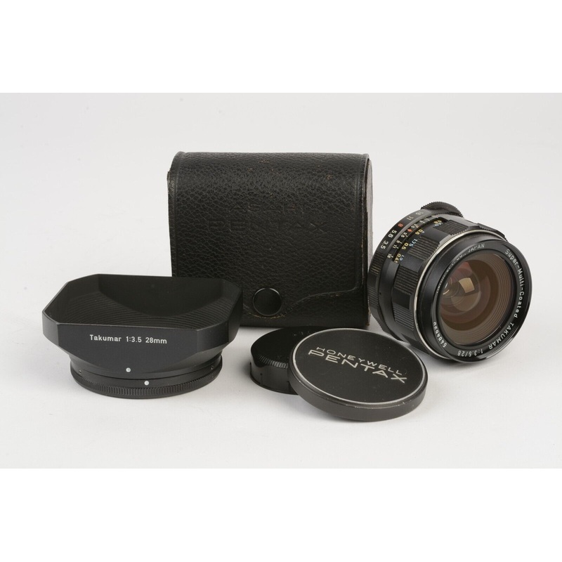 Asahi Pentax Super Multi Coated 28mm F3.5 Lens M42 Mount, Hood+Caps, Nice!