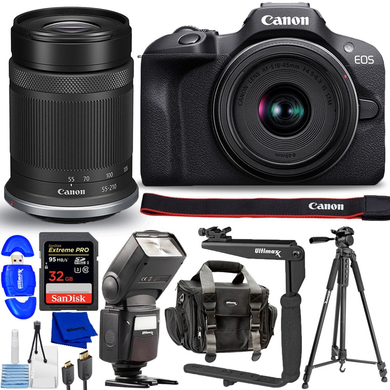 Canon EOS R100 Mirrorless Camera with 18-45mm and 55-210mm Lenses – 10PC Bundle