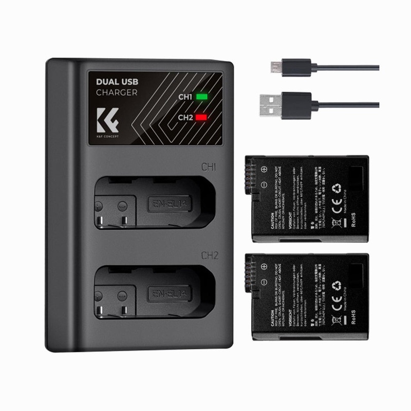 K&FConcept  EN-EL14 Battery and Charger for Nikon EN-EL14 Battery, with Dual Charging Slot, Fit for Nikon D3500 D5600 D3200 D3300 D3400 D5500 Coolpix P7800 P7700 P7200 P7100 P7000 (1050mAh*2)