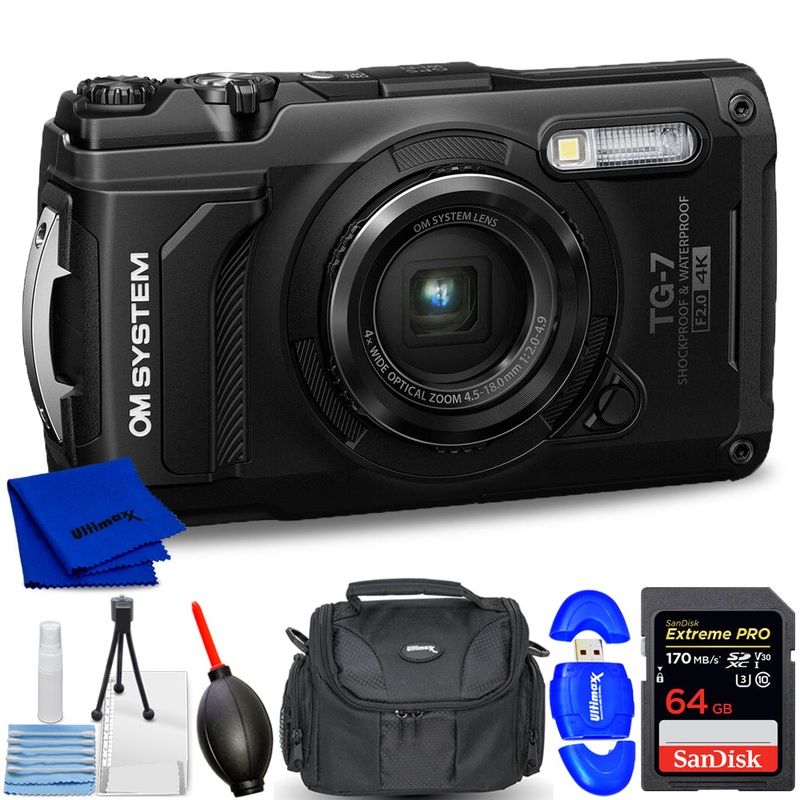OM SYSTEM Tough TG-7 Digital Camera (Black) V110030BU000 – 7PC Accessory Bundle