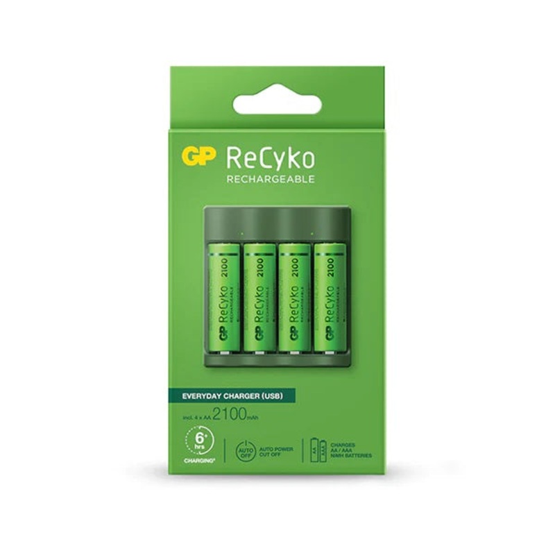 GP ReCyko Everyday Charger (USB) B421 4-slot NiMH with 4 x AA 2,100mAh NiMH Batteries