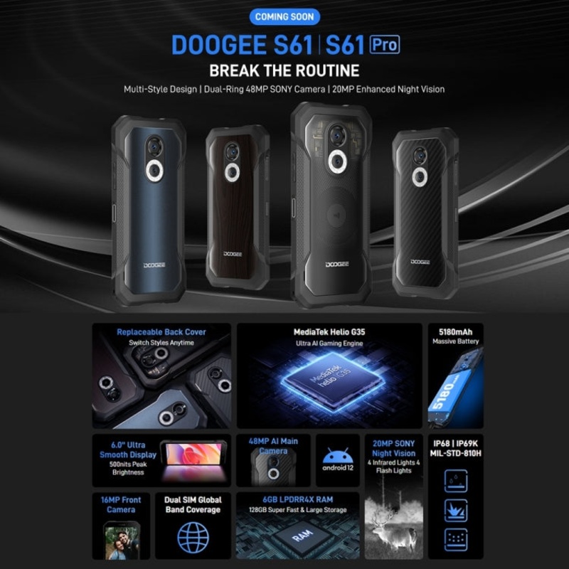DOOGEE S61 Pro Rugged Phone Night Vision Camera 6GB+128GB Clear
