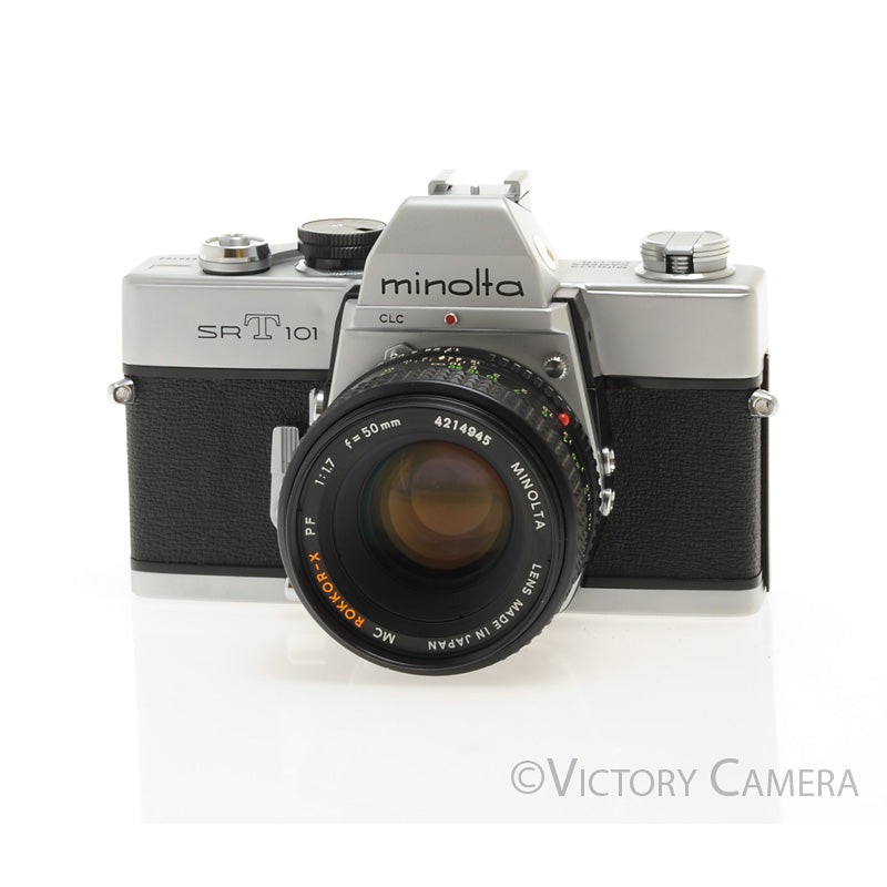 Minolta SRT101 Chrome 35mm Camera with 50mm F1.7 Lens -New Seals- [EXC]
