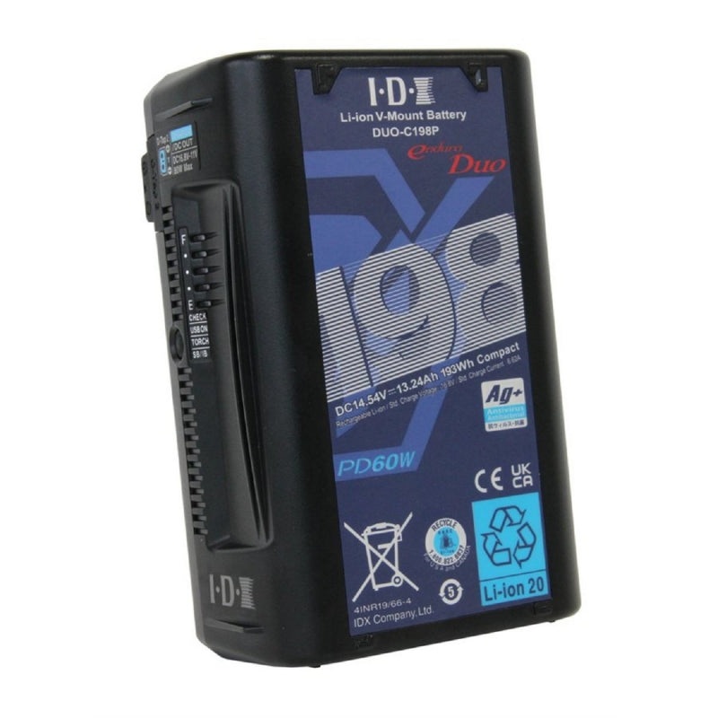 IDX Batterie Li-Ion V-mount 14.5V 193Wh avec Digital Data, V-Torch, 1 x D Tap Adv., 1 x D-Tap + USB PD In/ Out DUO-C198P